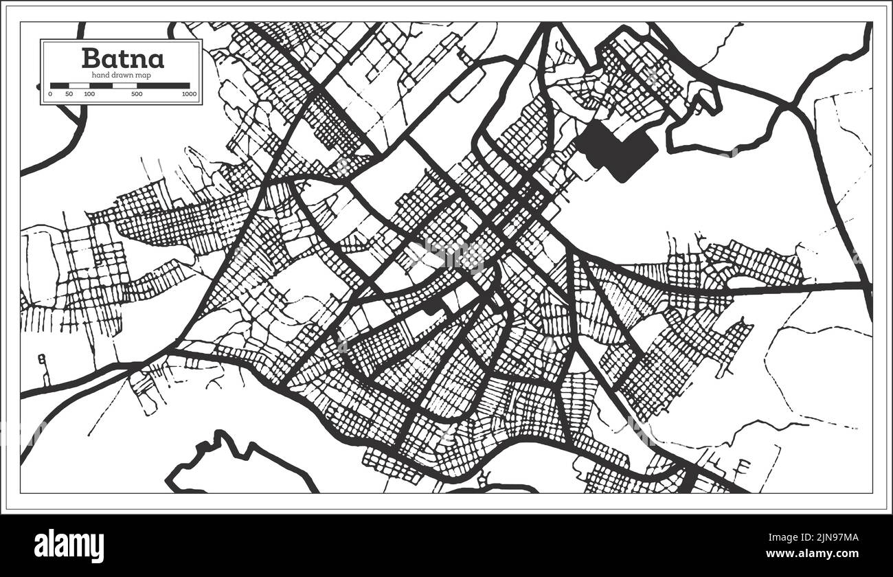 Carte de la ville de BATNA Algérie en style rétro en noir et blanc. Carte de contour. Illustration vectorielle. Illustration de Vecteur