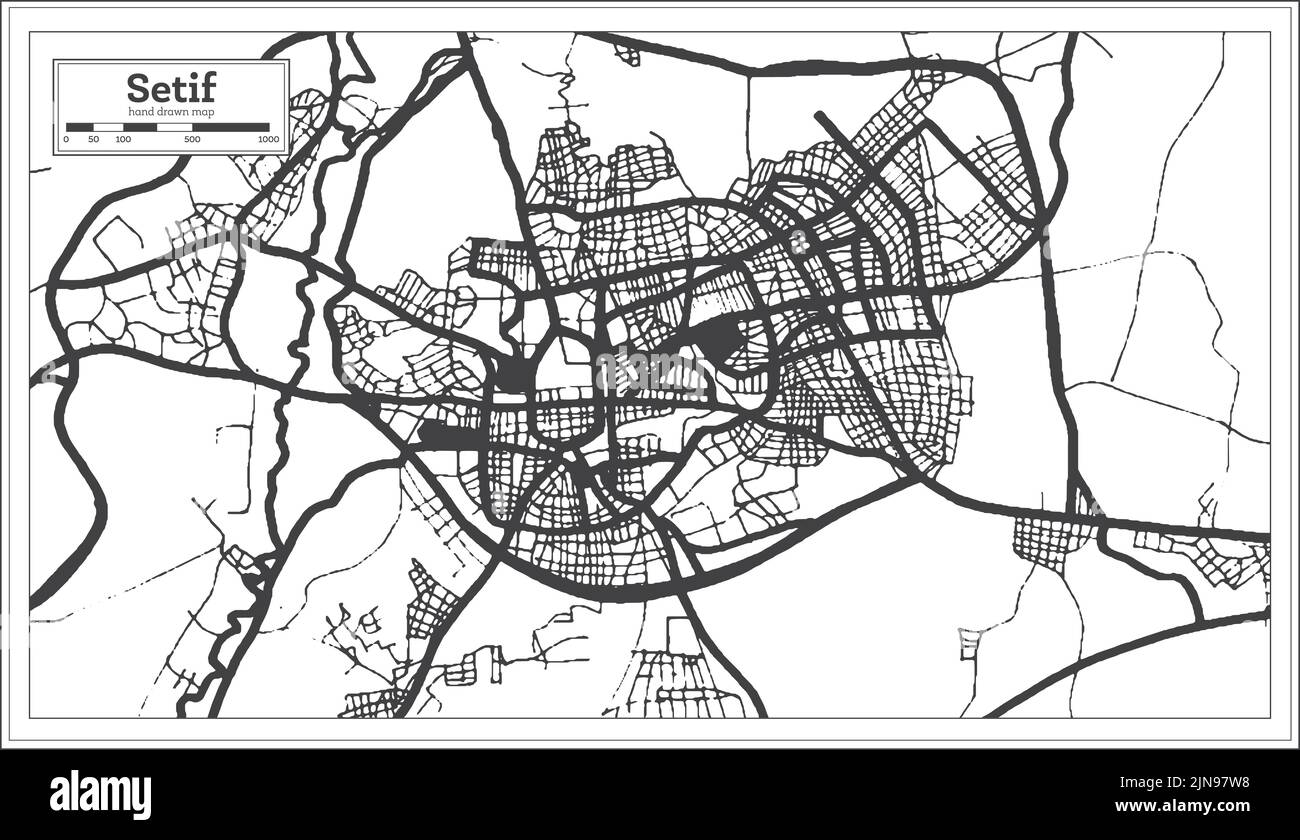 Setif Algérie carte de la ville en style rétro en noir et blanc. Carte de contour. Illustration vectorielle. Illustration de Vecteur