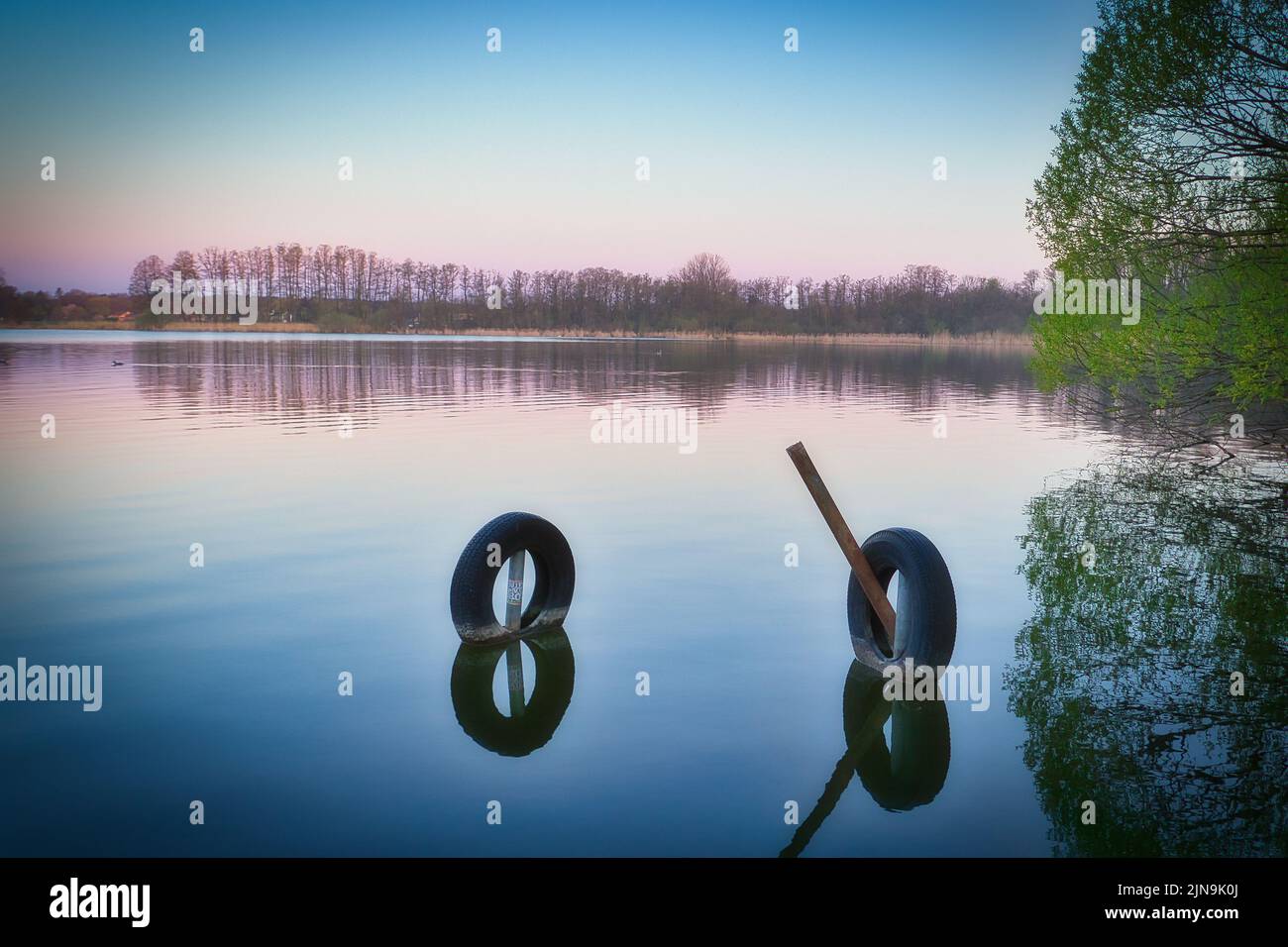 La vue du lac avec deux pneus sur le fond des arbres et du ciel. Banque D'Images