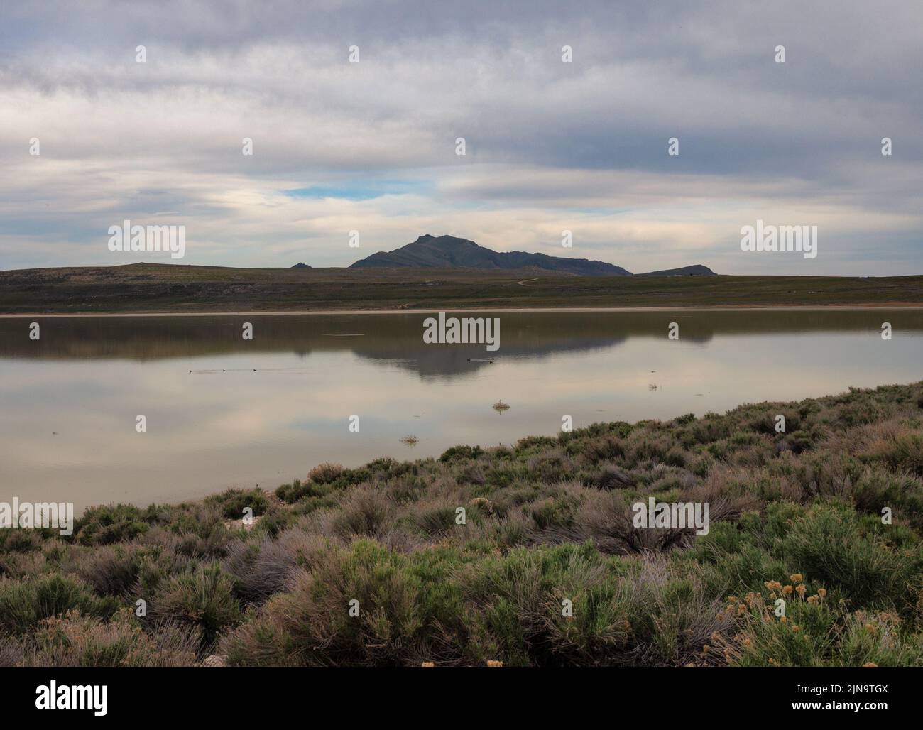 Réflexion des nuages et de la montagne dans l'eau. Great Salt Lake, Utah. Banque D'Images