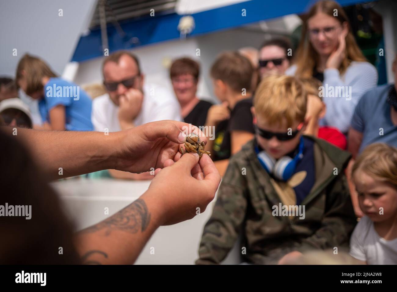 Nordstrand,Allemagne-2 août,2022:les familles écoutent les explications qu'un membre d'équipage sur un navire de tourisme leur donne sur les mollusques capturés. Banque D'Images