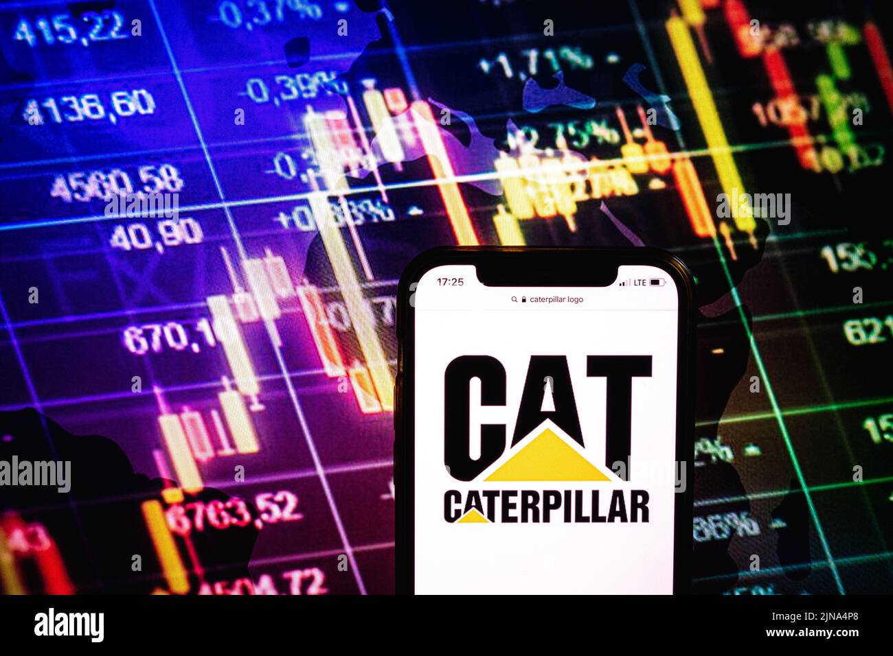KONSKIE, POLOGNE - 09 août 2022 : smartphone affichant le logo de la société Caterpillar sur fond de diagramme boursier Banque D'Images