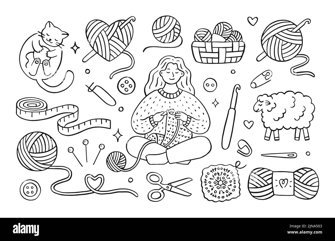 Crochet doodle illustration de filles tricoting vêtements, chat jouant avec laine fil balle, mouton, crochet, skein. Dessin à la main, joli dessin à la main Illustration de Vecteur
