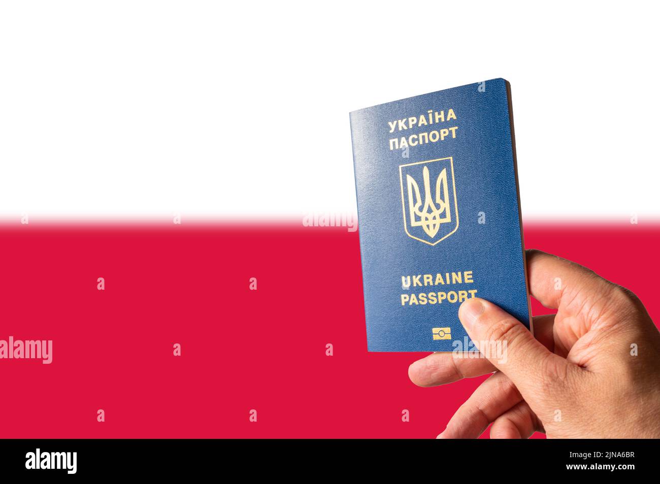 Passeport biométrique d'un citoyen ukrainien dans la main d'une femme sur fond de drapeau national de la Pologne. Échapper à l'agression russe de Banque D'Images