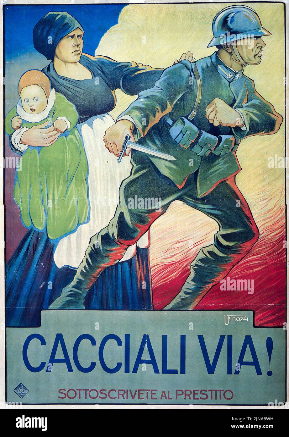 Cacciali via ! (Éloignez-les !) (1914) affiche italienne de l'époque de la première Guerre mondiale par Ugo Finozzi Banque D'Images