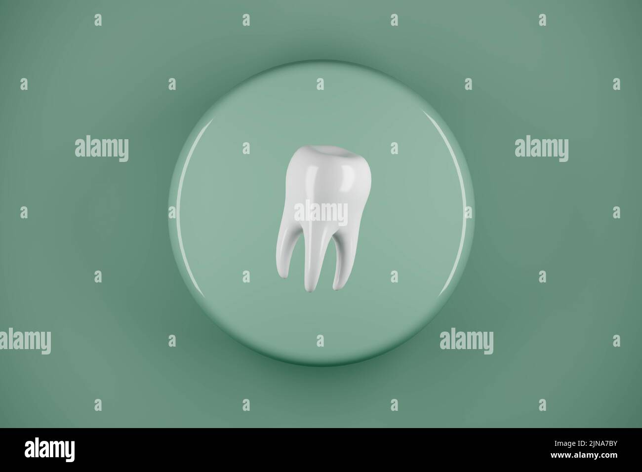 Dents blanchissantes sur podium vert. Logo de rendu de la clinique dentaire 3D. Banque D'Images