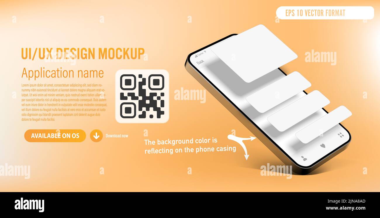 Modèle d'application mobile pour smartphone UI ou UX sur fond orange avec fenêtres d'application vierges sur l'écran du téléphone - description et lien de téléchargement avec QR co Illustration de Vecteur