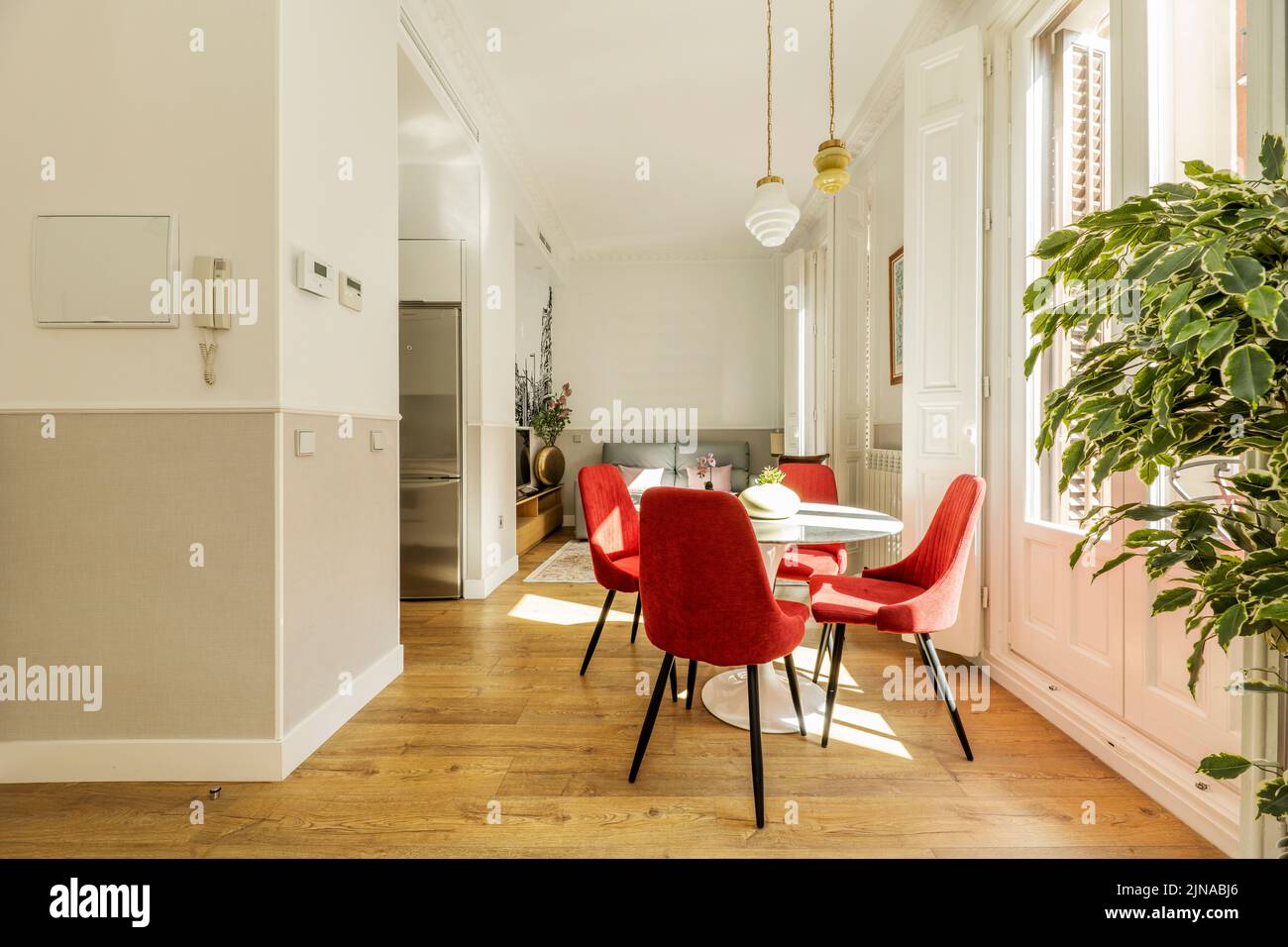 Séjour dans l'appartement avec table à manger avec chaises rembourrées en velours rouge, balcons avec portes en bois blanc et bureau en châtaignier Banque D'Images