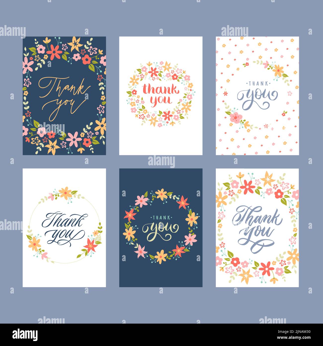 Cartes de remerciement. Carte postale écrite à la main avec des mots de gratitude, salutations lettering avec fleurs décoration vecteur ensemble Illustration de Vecteur