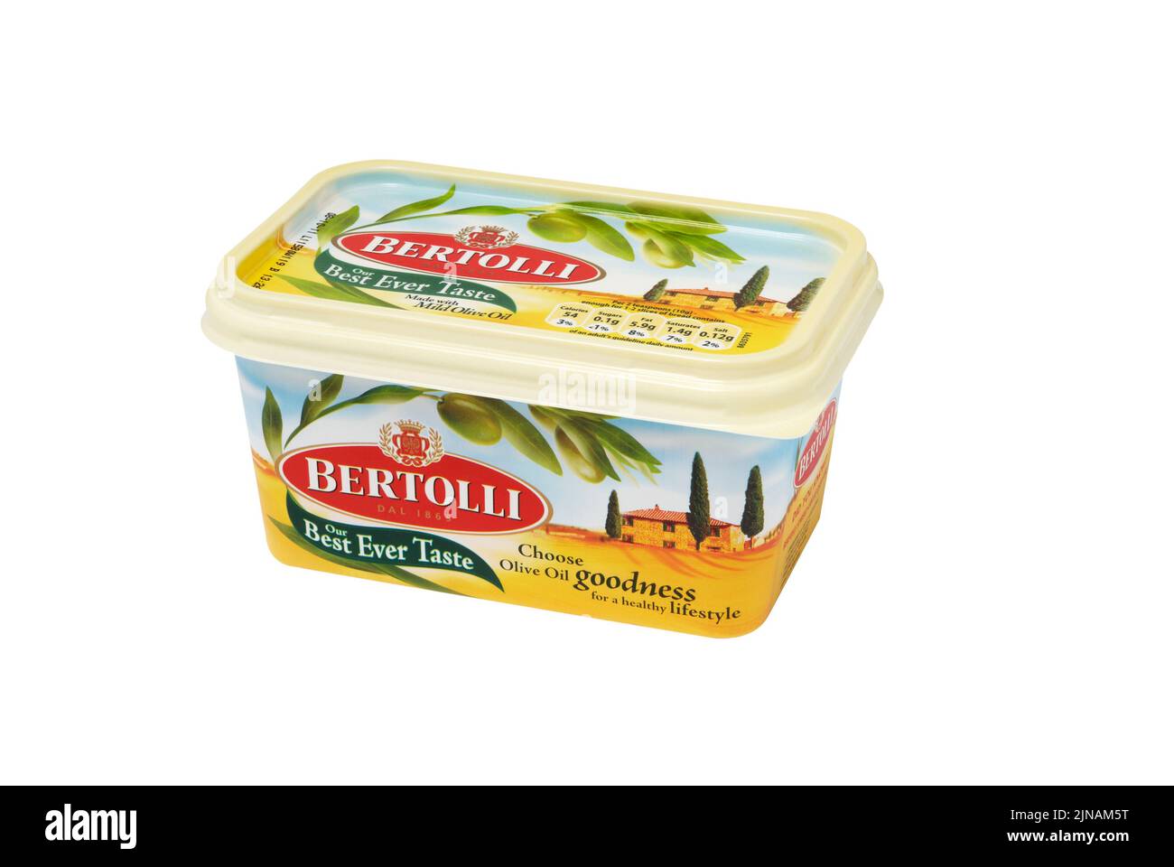 Un bac de pâte d'huile d'olive Bertolli, utilisé comme substitut du beurre ou de la margarine. Bertolli est la marque du monde Banque D'Images