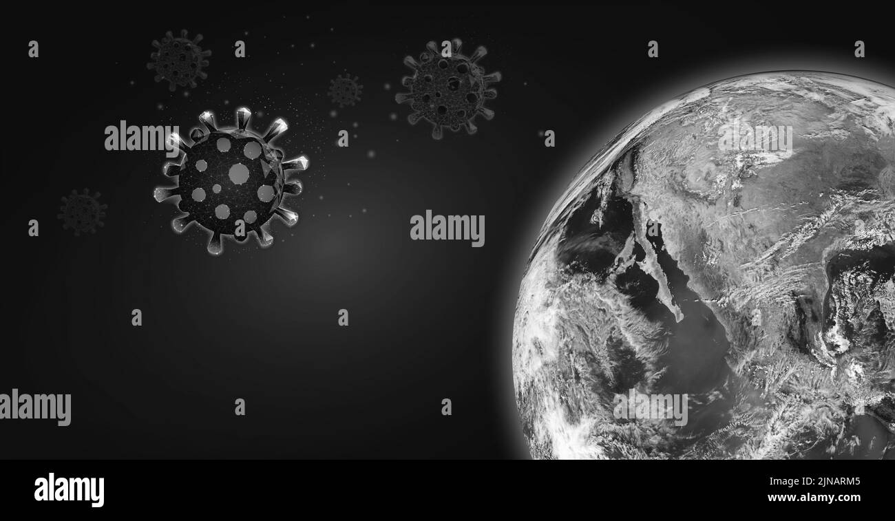Le virus attaque la planète Terre. Noir et blanc. Éléments de cette image fournis par la NASA Banque D'Images
