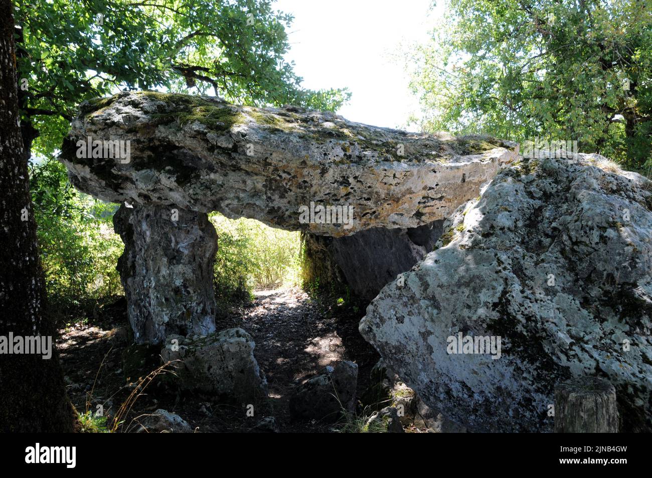 Le Dolmen de blanc, également connu sous le nom d'allée couverte de blanc, près de Beaumont-du-Périgord en Dordogne, dans le sud-ouest de la France. Banque D'Images