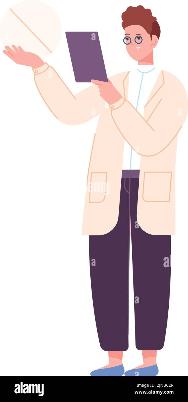 Document scientifique de recherche. Personne heureuse en lunettes et blouse de laboratoire isolée sur fond blanc Illustration de Vecteur