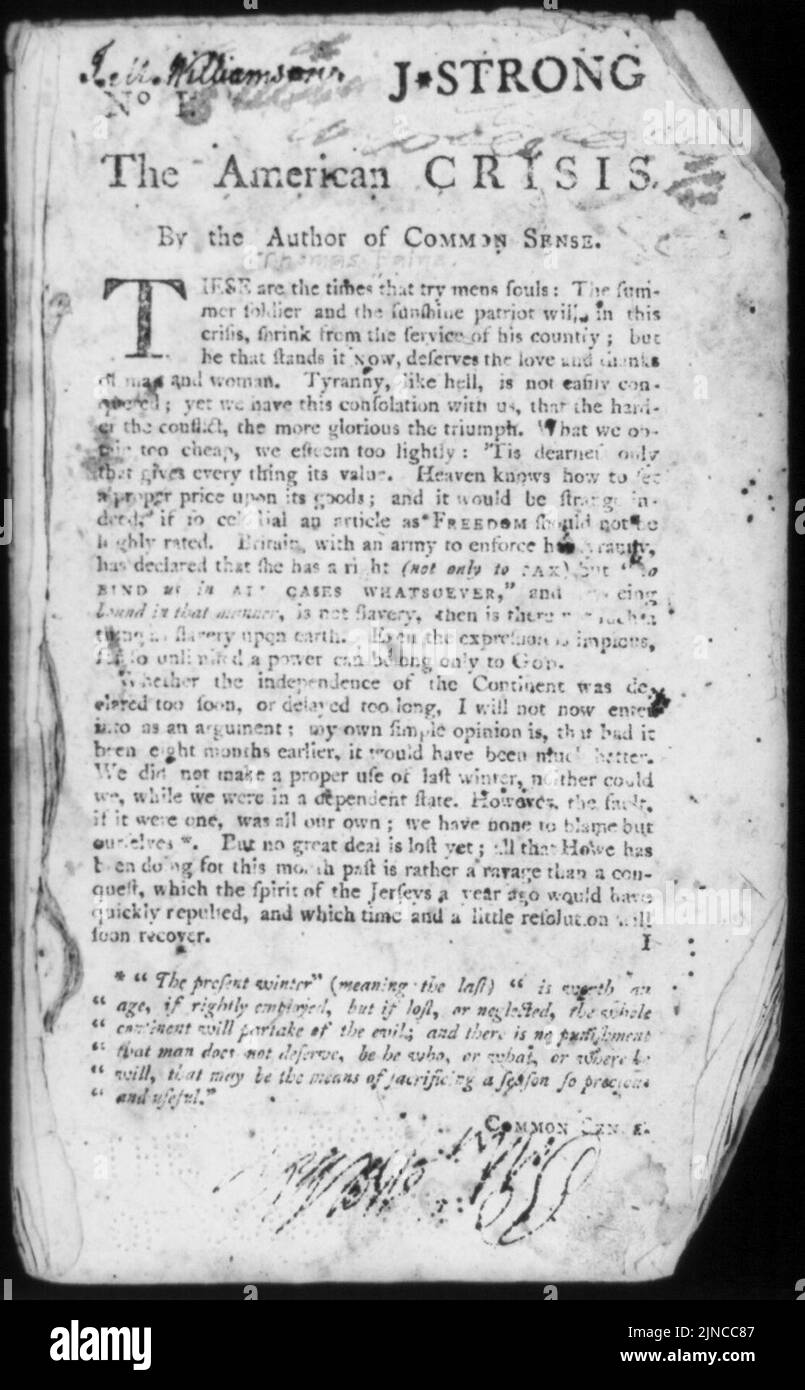 La crise américaine. Par l'auteur de Common Sense (Thomas Paine) ''ce sont les temps qui essaient les âmes des hommes- le soldat d'été et le patriote de soleil, dans cette crise, rétrécit de la Banque D'Images