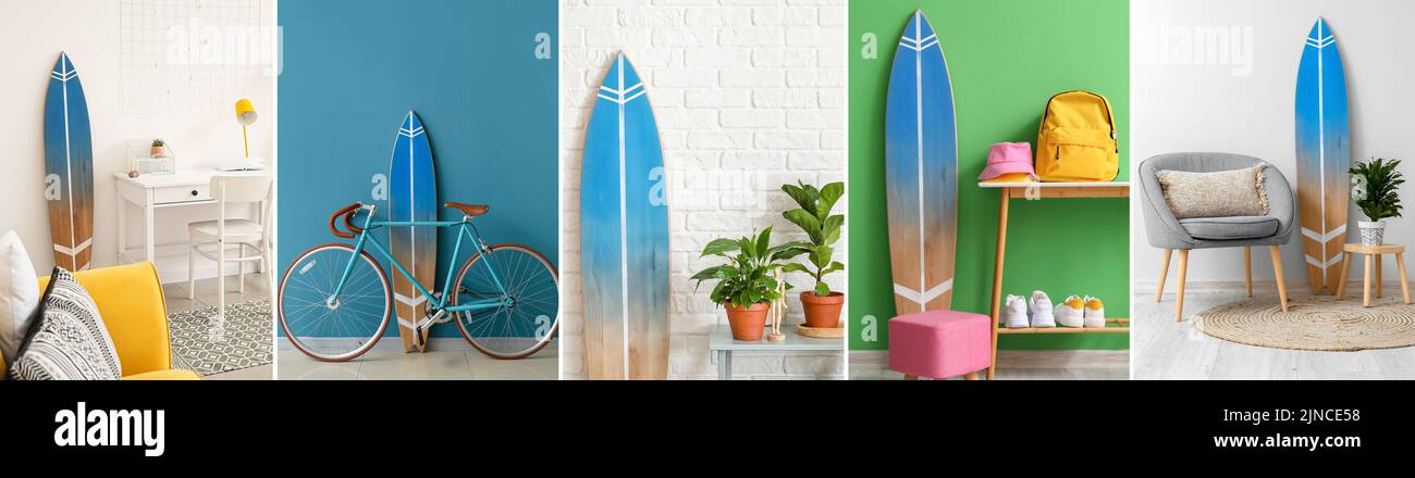 Collage d'intérieurs modernes avec planche de surf près du mur Banque D'Images