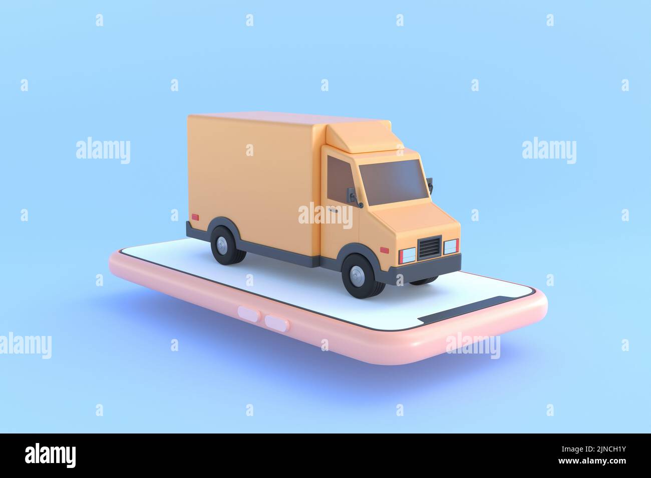 Concept de commerce électronique, Service de livraison sur application mobile, transport par camion, illustration 3D Banque D'Images