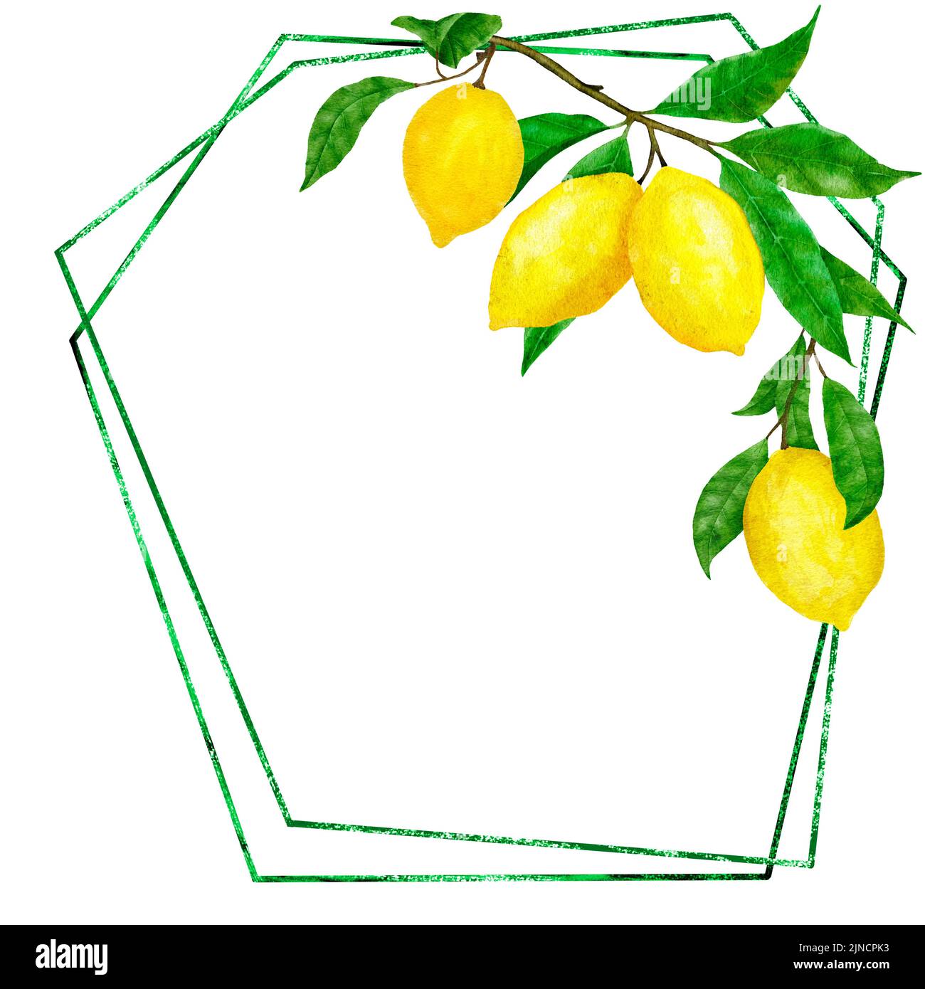 Affiche cadre aquarelle dessinée à la main avec des citrons jaunes et des feuilles vertes. Bordure aux agrumes aux fruits d'été avec lignes modernes à paillettes pour les invitations de cartes de mariage, illustration de la nature Banque D'Images