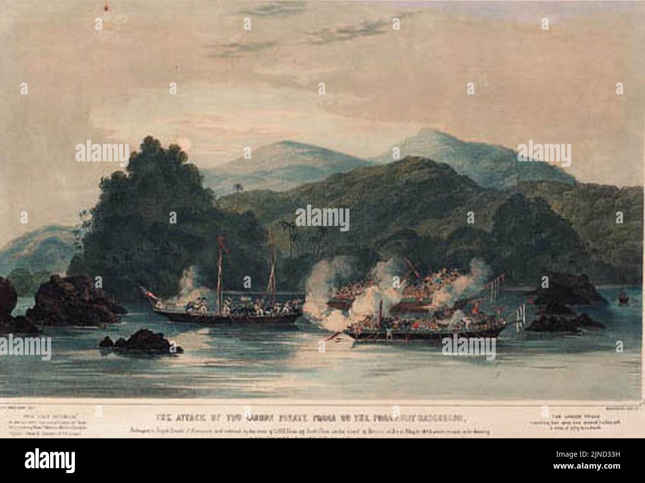 L'attaque de deux Proas de Pirate de Lanoon sur le Proa Jolly Batchelor, appartenant aux ruisseaux Rajah de Sarawak et habités par l'équipage du HMS Dido au large de Datto point sur la côte de Bornéo à 3 heures 21 mai 1843 CKS 2000 Banque D'Images