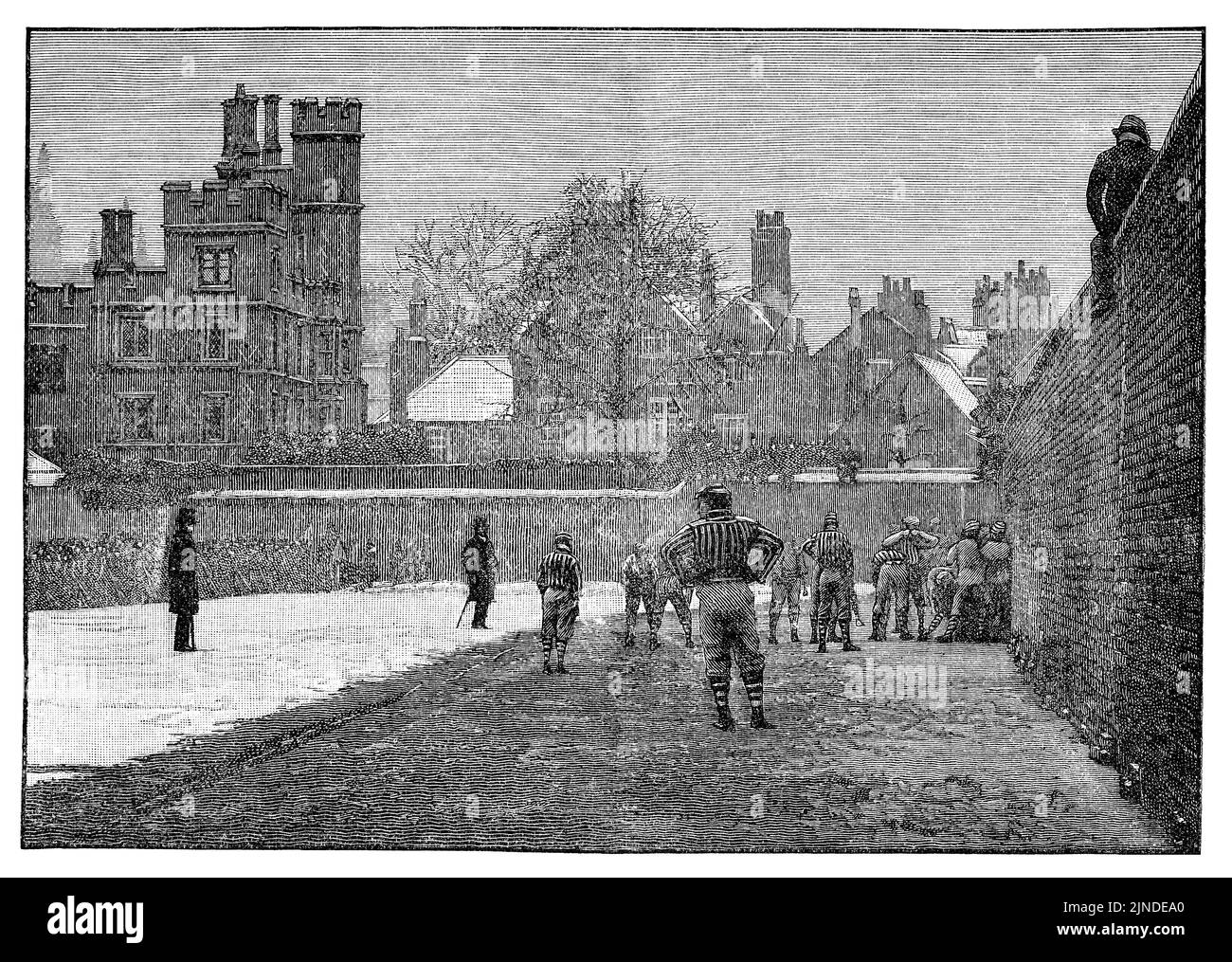 Gravure victorienne vintage du jeu mural Eton, du Boy's Own Annual 1890-91. Banque D'Images