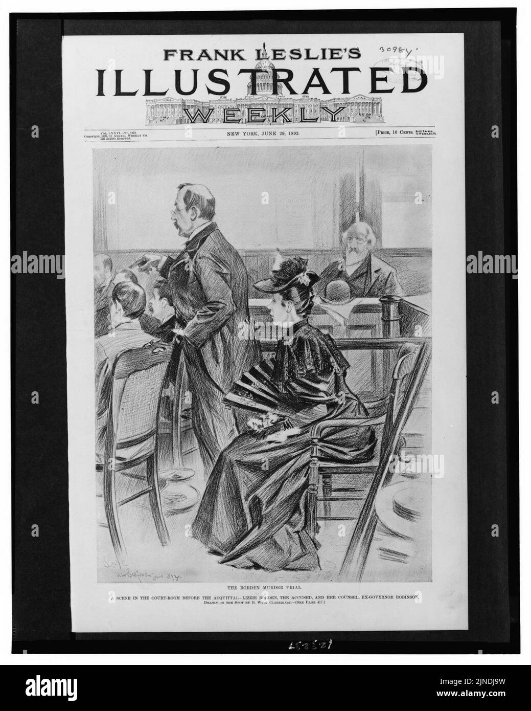 Le procès pour meurtre de Borden - Une scène dans la salle du tribunal avant l'acquittement - Lizzie Borden, l'accusé, et son avocat, l'ex-gouverneur Robinson - dessiné sur place par B. West Clinedinst. Banque D'Images