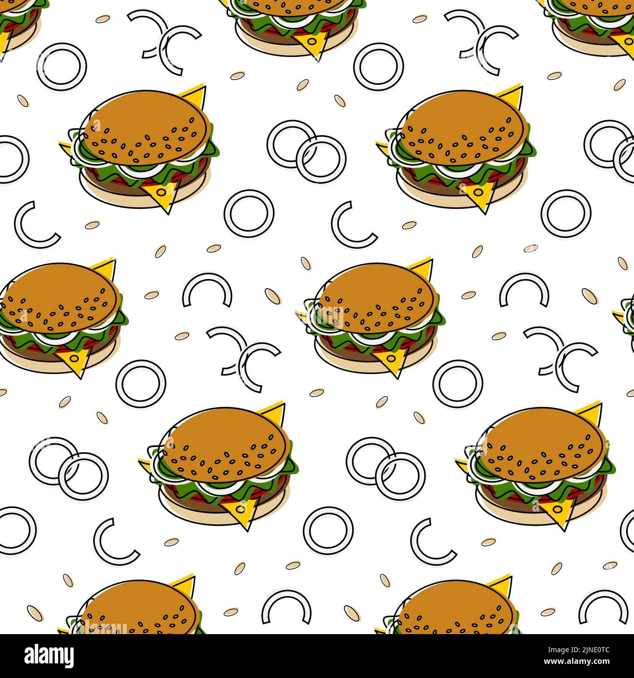 Motif sans couture des hamburgers avec des rondelles de fromage, de sésame et d'oignon sur un fond transparent. Cuisine de rue. Style de vie. Bonne journée alimentaire. Isoler. Imprimé aliments tendance. Illustration de Vecteur