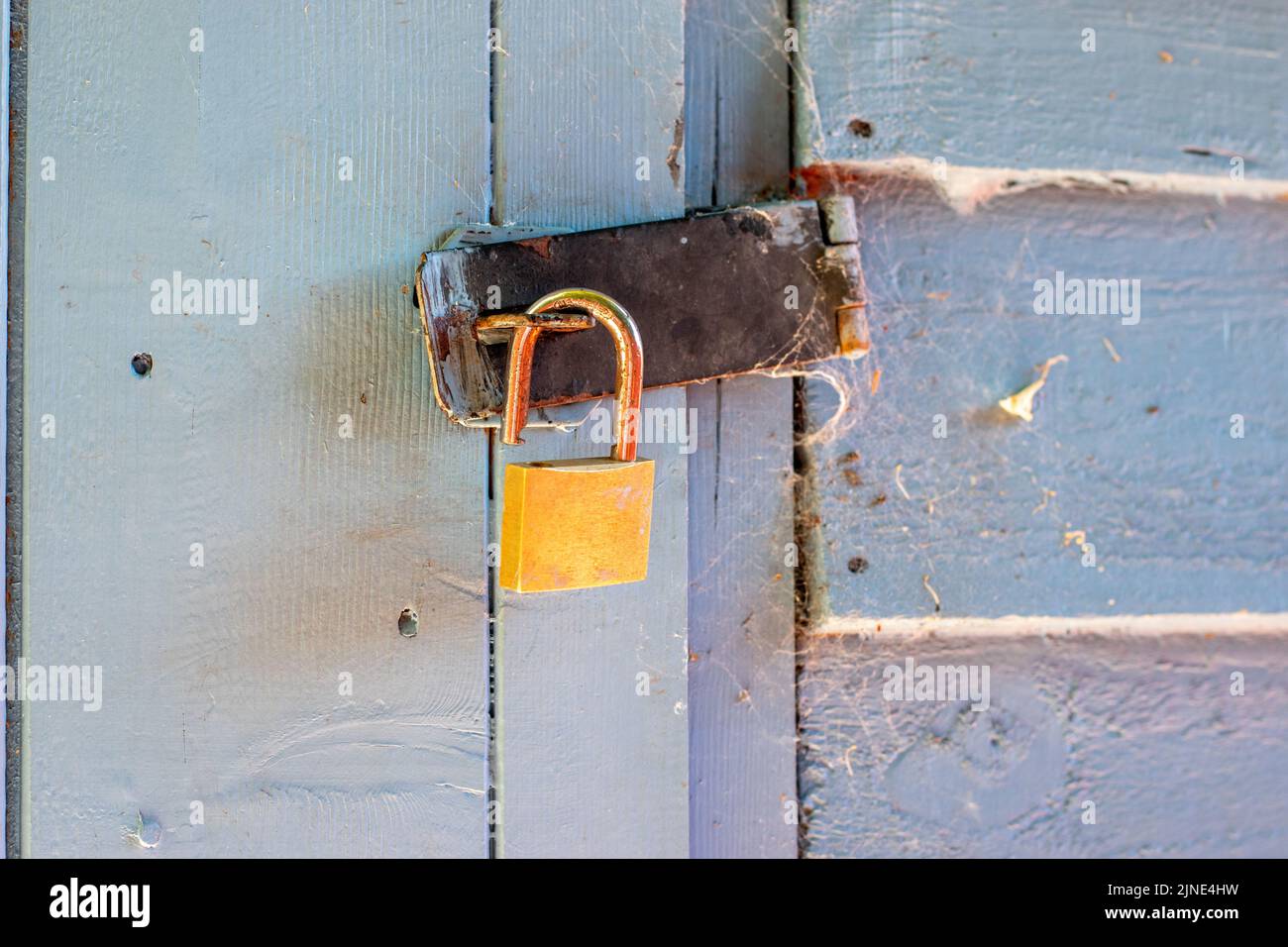 Cadenas ouvert sur la porte du hangar de jardin laissant le hangar déverrouillé vulnérable au vol Banque D'Images