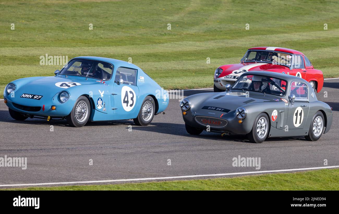 1959 Austin Healey Sebring Sprite avec le 1965 Austin Healey WSM Sprite pendant la course de la Weslake Cup au Goodwood 79MM, Sussex, Royaume-Uni Banque D'Images