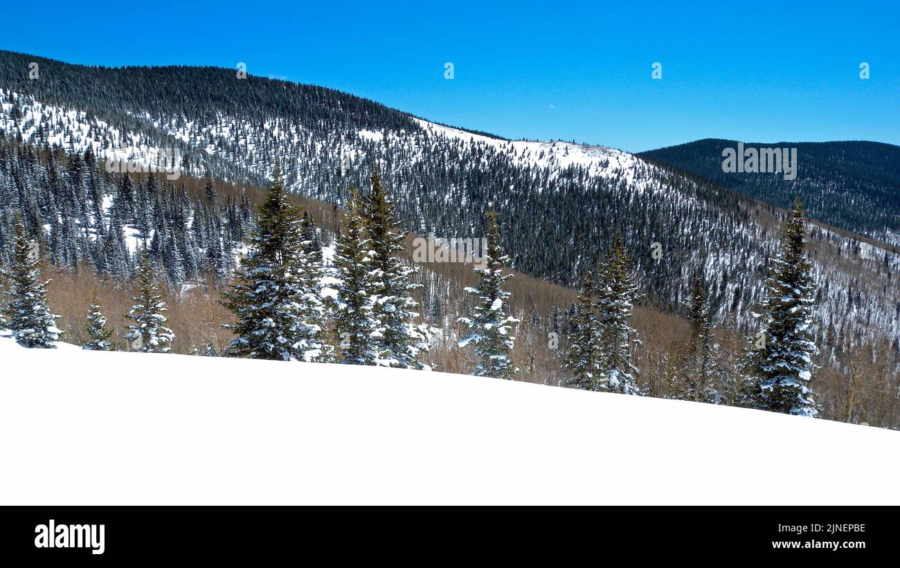 Crêtes de la nature sauvage de Pecos sud vues depuis le domaine skiable de Santa Fe à 3430 M. Gamme Sangre de Cristo, Nouveau-Mexique, Etats-Unis, 2009-03-28 13:21. Banque D'Images