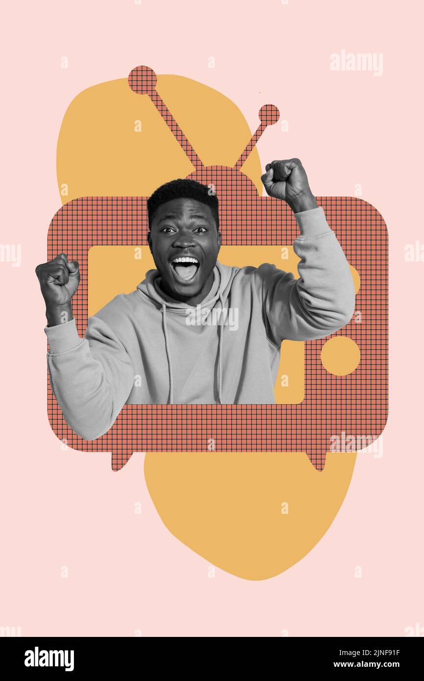 Affiche verticale collage de type à la télévision porter un tissu décontracté isolé sur fond de dessin de couleur rose Banque D'Images