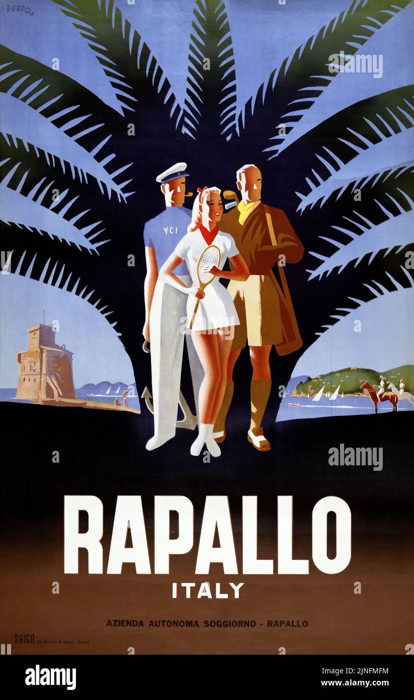 Rapallo par Mario Puppo (1905-1977). Affiche publiée en 1947 en Italie. Banque D'Images