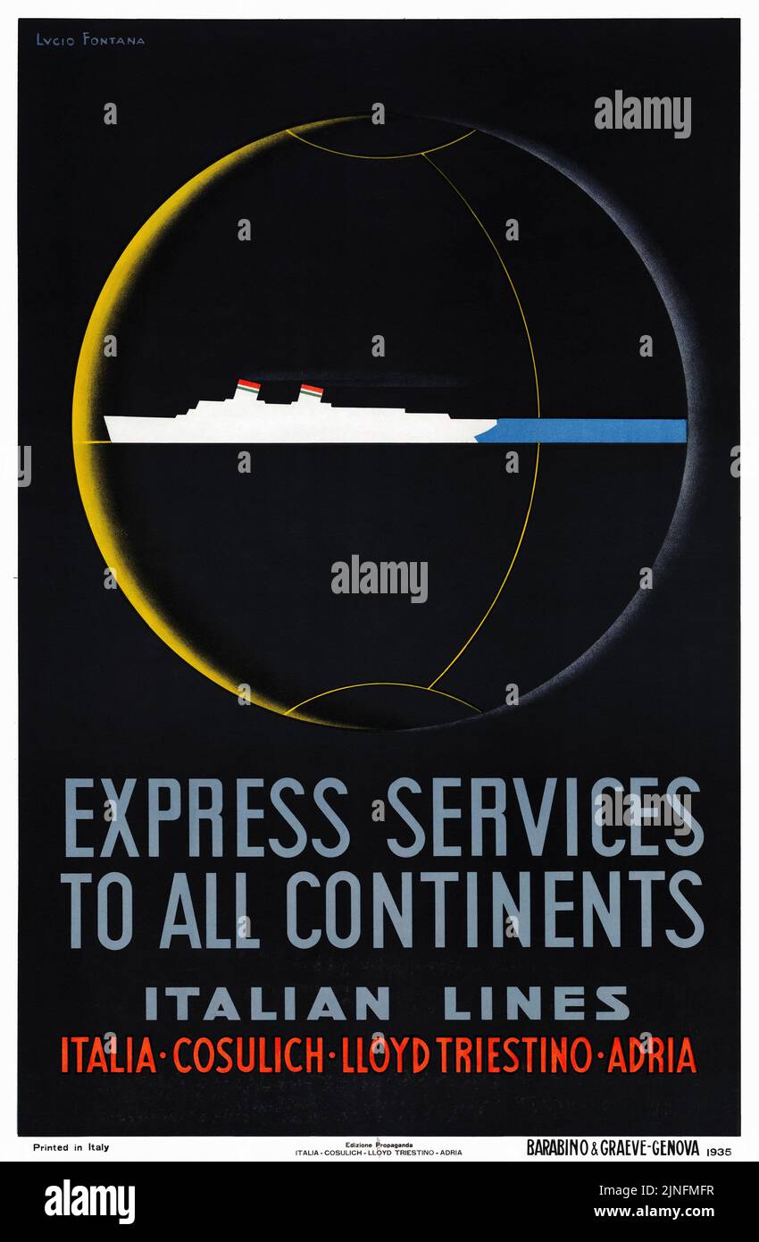 Services express sur tous les continents. Lignes italiennes par Lucio Fontana (1899-1968). Affiche publiée en 1935 en Italie. Banque D'Images
