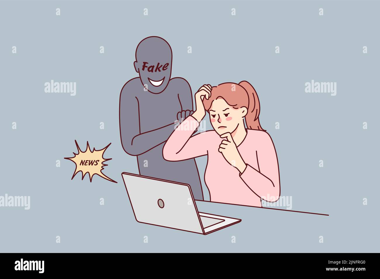 Femme confuse regardant l'écran d'ordinateur lisant des fausses nouvelles en ligne. Une femme frustrée utilise un ordinateur portable inquiet de la notification sur le Web. Propagande et manipulation des médias. Illustration de Vecteur