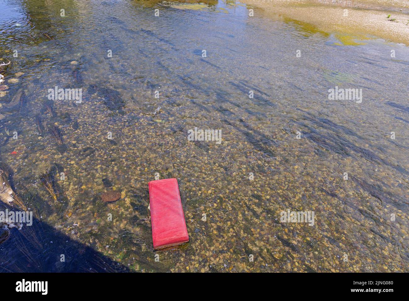Canapé-lit rose dans la pollution de l'eau peu profonde de la rivière Banque D'Images