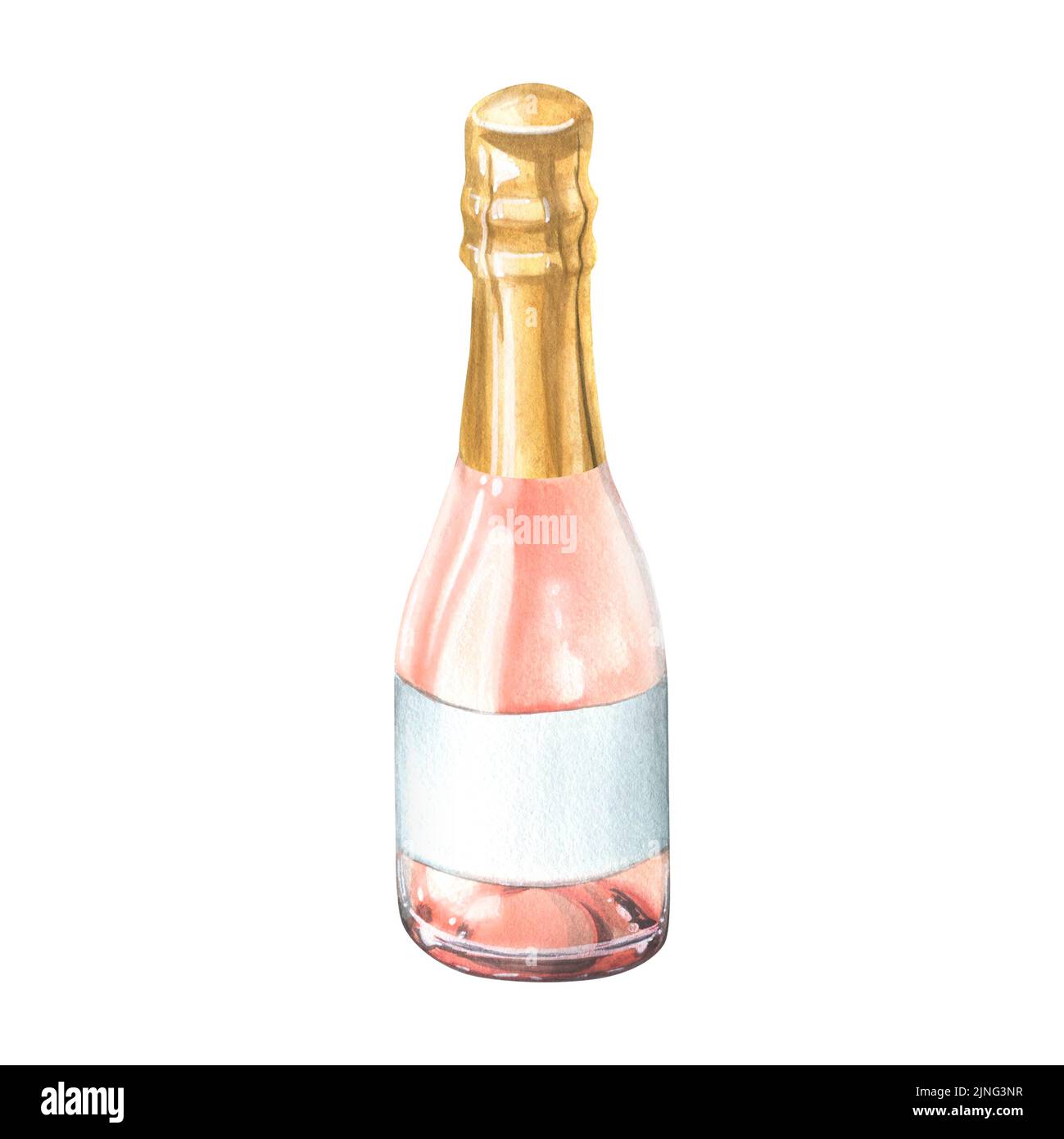Une bouteille de verre de vin rose ou de champagne, fermée avec du papier d'aluminium doré et une étiquette blanche vide. Illustration aquarelle. Un objet isolé d'un grand Banque D'Images