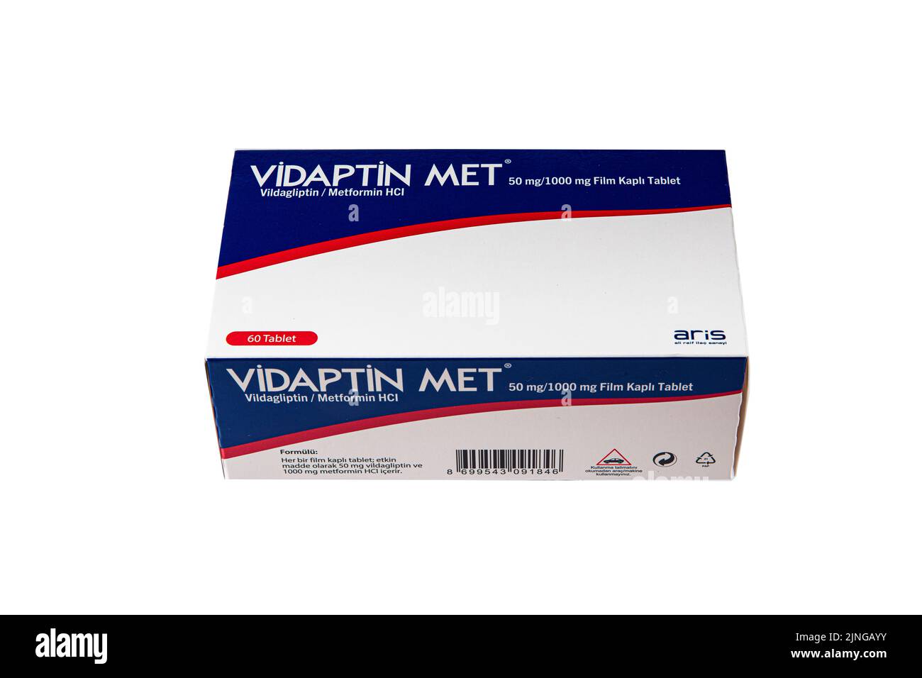 Istanbul, Turquie, 11 août 2022 ; Une boîte de comprimés de Vidaptin Med fabriquée par la société pharmaceutique Aris. La metformine est un traitement oral pour TY Banque D'Images