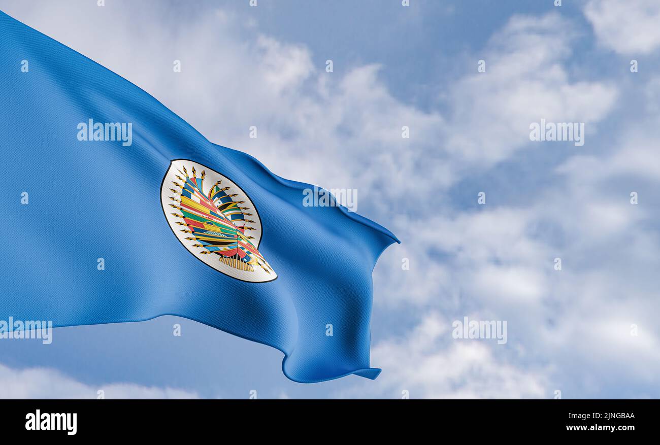 Organisation drapeau États américains sur le fond des nuages, tissu drapeau États américains, ciel bleu avec drapeau des États américains, 3D travaux et Banque D'Images