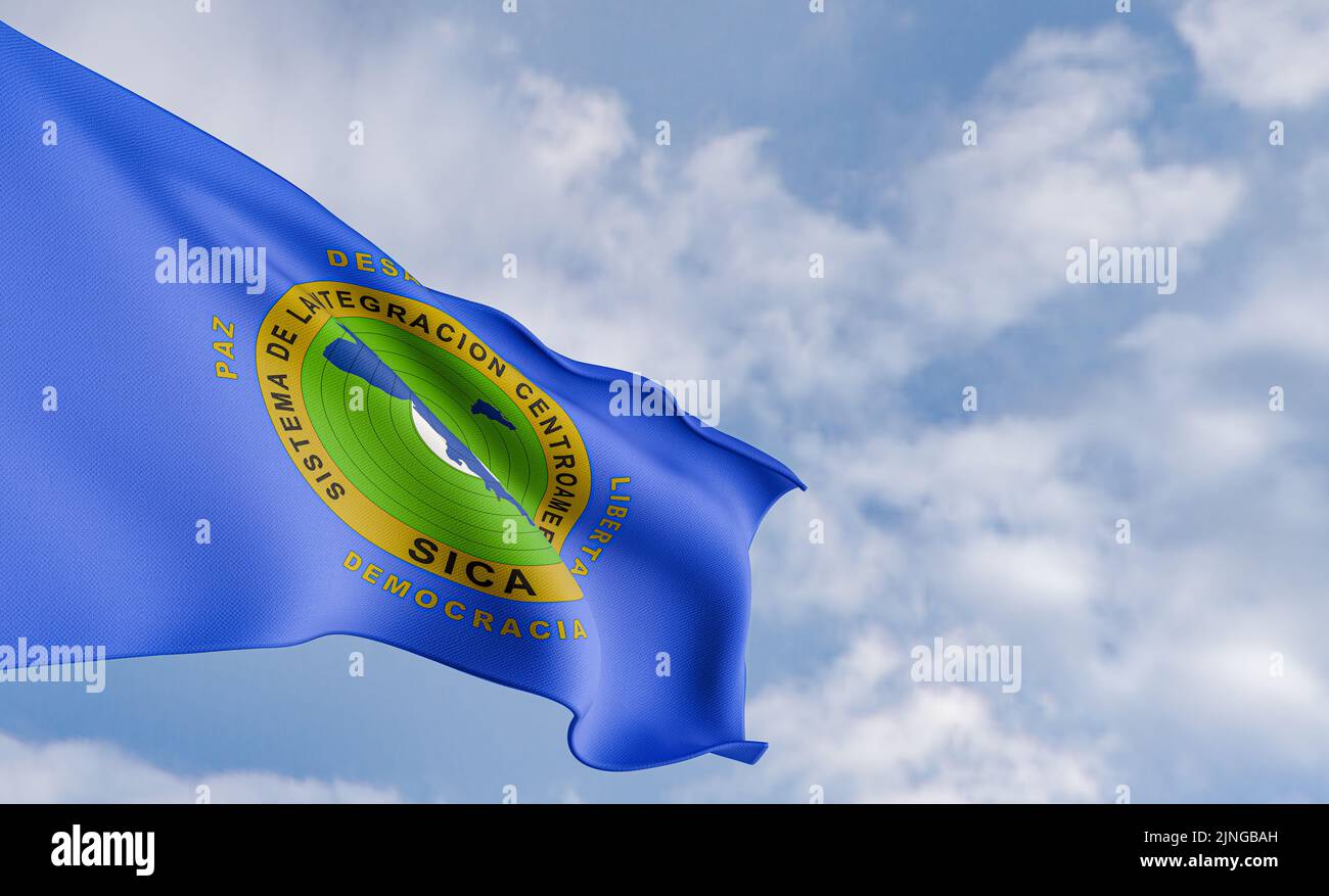 Drapeau de l'organisation système d'intégration de l'Amérique centrale sur le fond des nuages, drapeau de tissu PCSRA, fond ciel bleu avec drapeau PCSRA, 3D travaux et 3 Banque D'Images