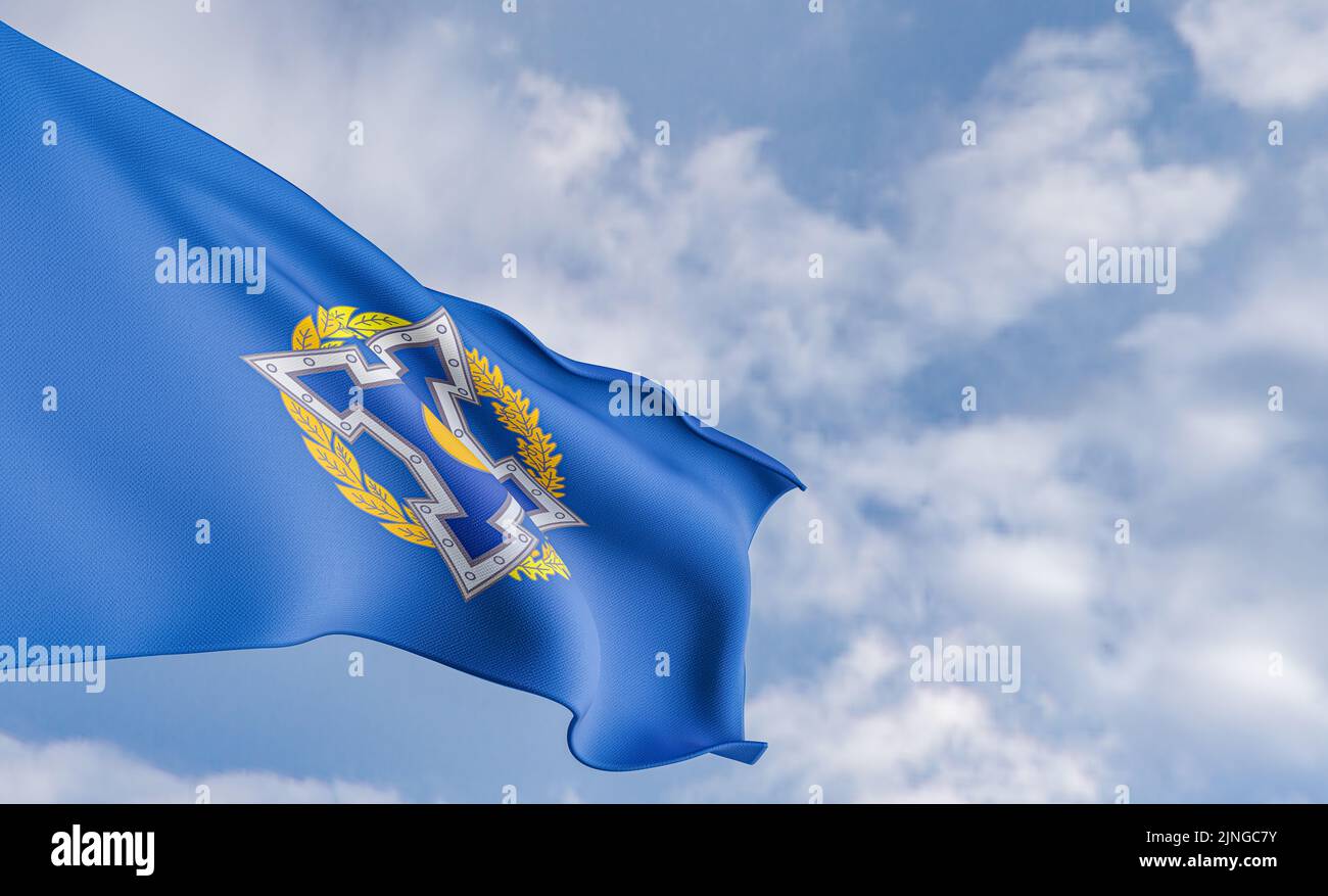 Organisation drapeau de sécurité collective Organisation du Traité sur le fond des nuages, drapeau de tissu CSTO, fond ciel bleu avec drapeau CSTO, 3D travaux Banque D'Images
