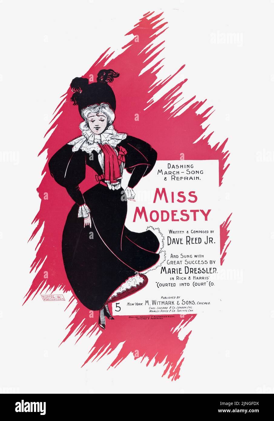 Mlle modesy (1897) écrit et composé par Dave Reed Jr., Sung avec grand succès par Marie Dressler dans Rich and Harris 'courted into court', publié par M. Witmark and Sons. Couverture de la feuille de musique. Banque D'Images