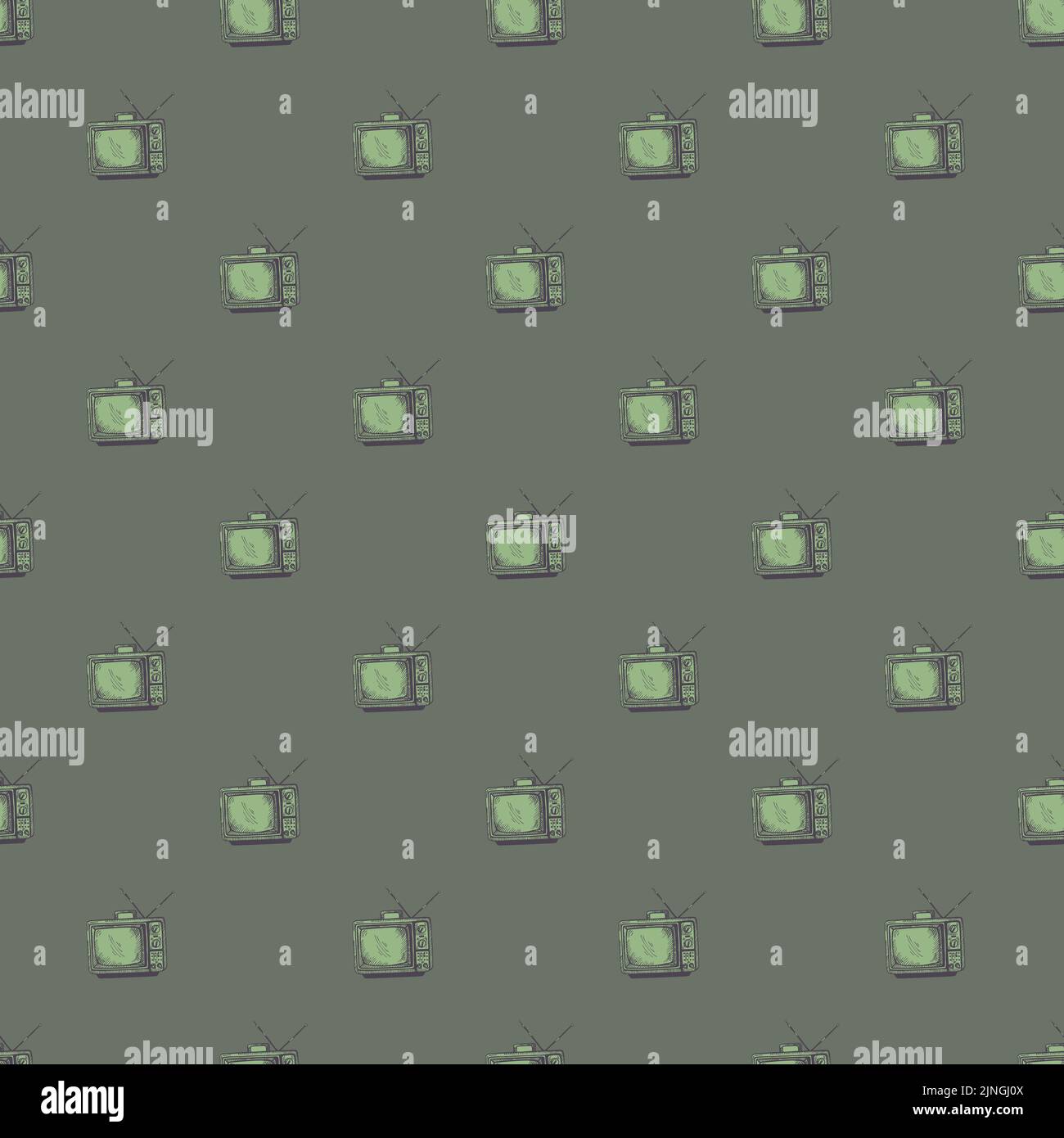 Téléviseur rétro avec antenne gravée sans couture. Téléviseur vintage de style dessiné à la main. Texture d'esquisse pour tissu, papier peint, textile, imprimé, titre, Illustration de Vecteur