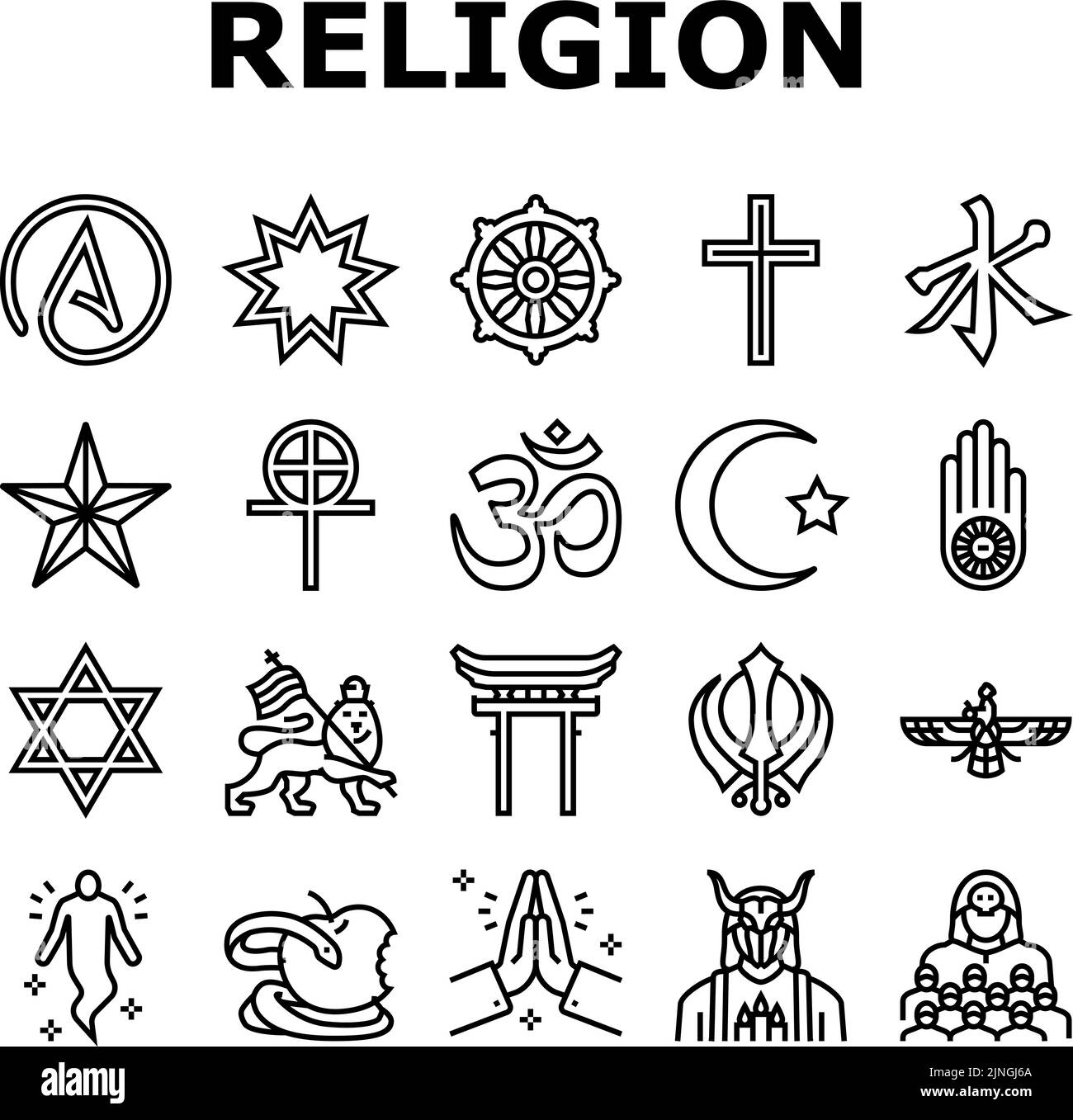 Religion, culte de prière et athée icônes Set Vector Illustration de Vecteur