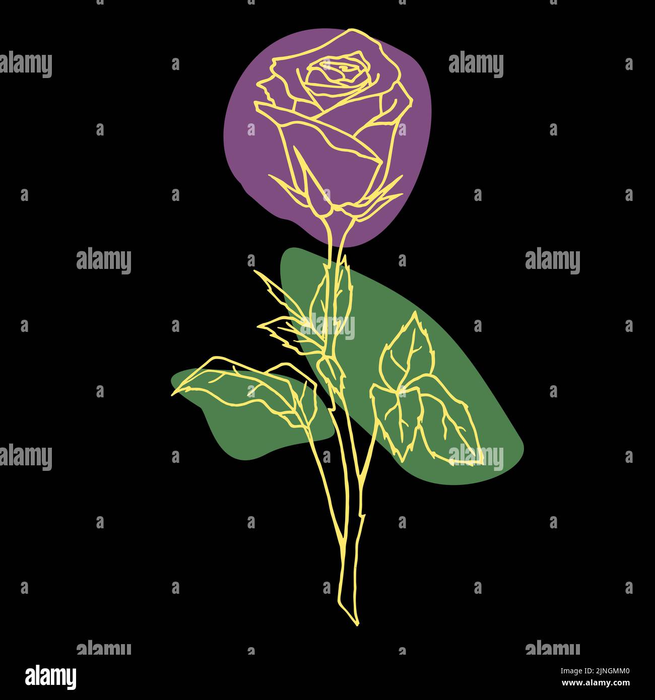 dessin de contour doré d'une fleur rose sur fond noir et taches colorées, graphiques modernes, design Banque D'Images