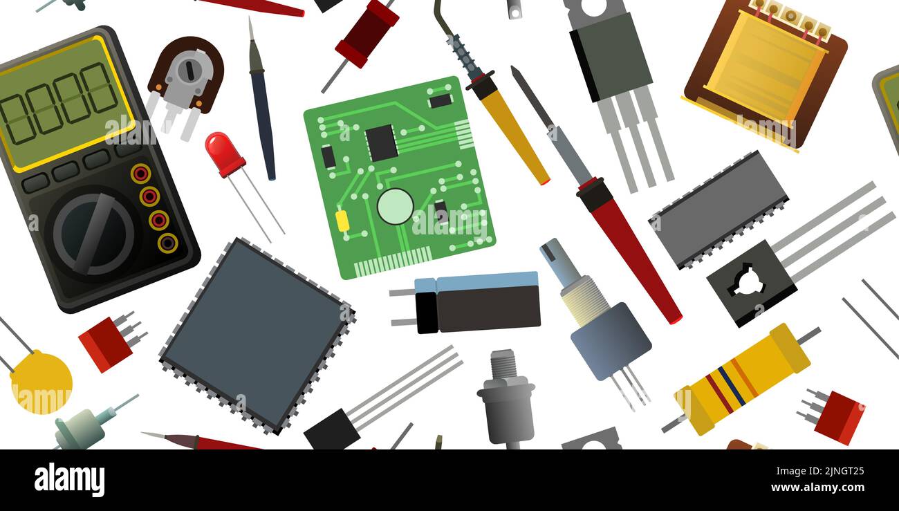 Ensemble de composants radio. Motif sans couture. Image d'arrière-plan. Élément du circuit radio. Objet isolé sur blanc. Détails de l'électronique. Dispersé dans Illustration de Vecteur