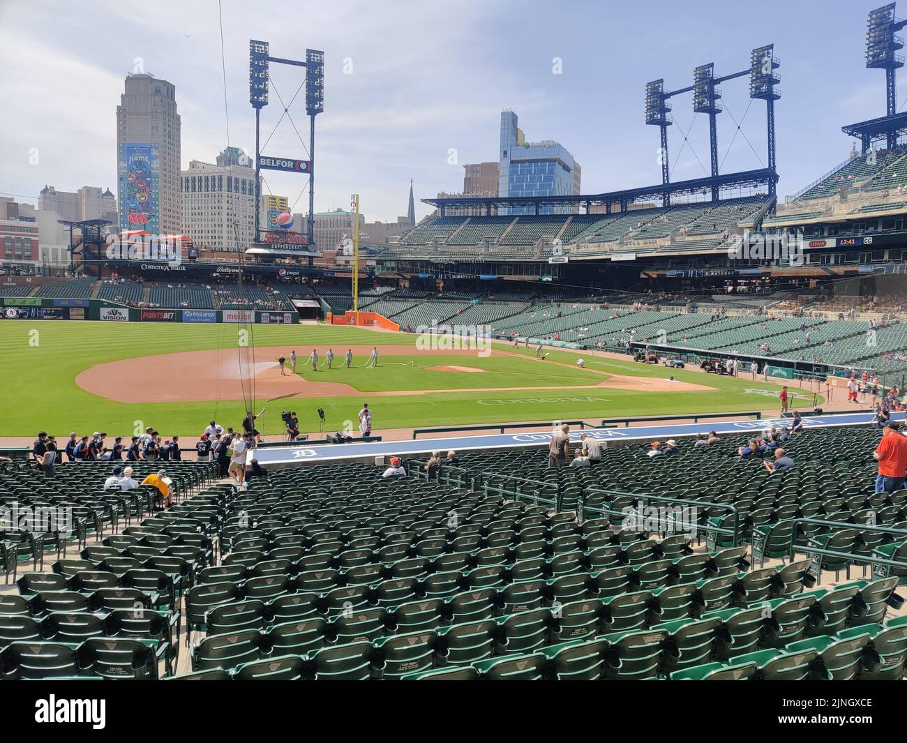 Vue sur le parc Comerica, avant le début du match de baseball Banque D'Images