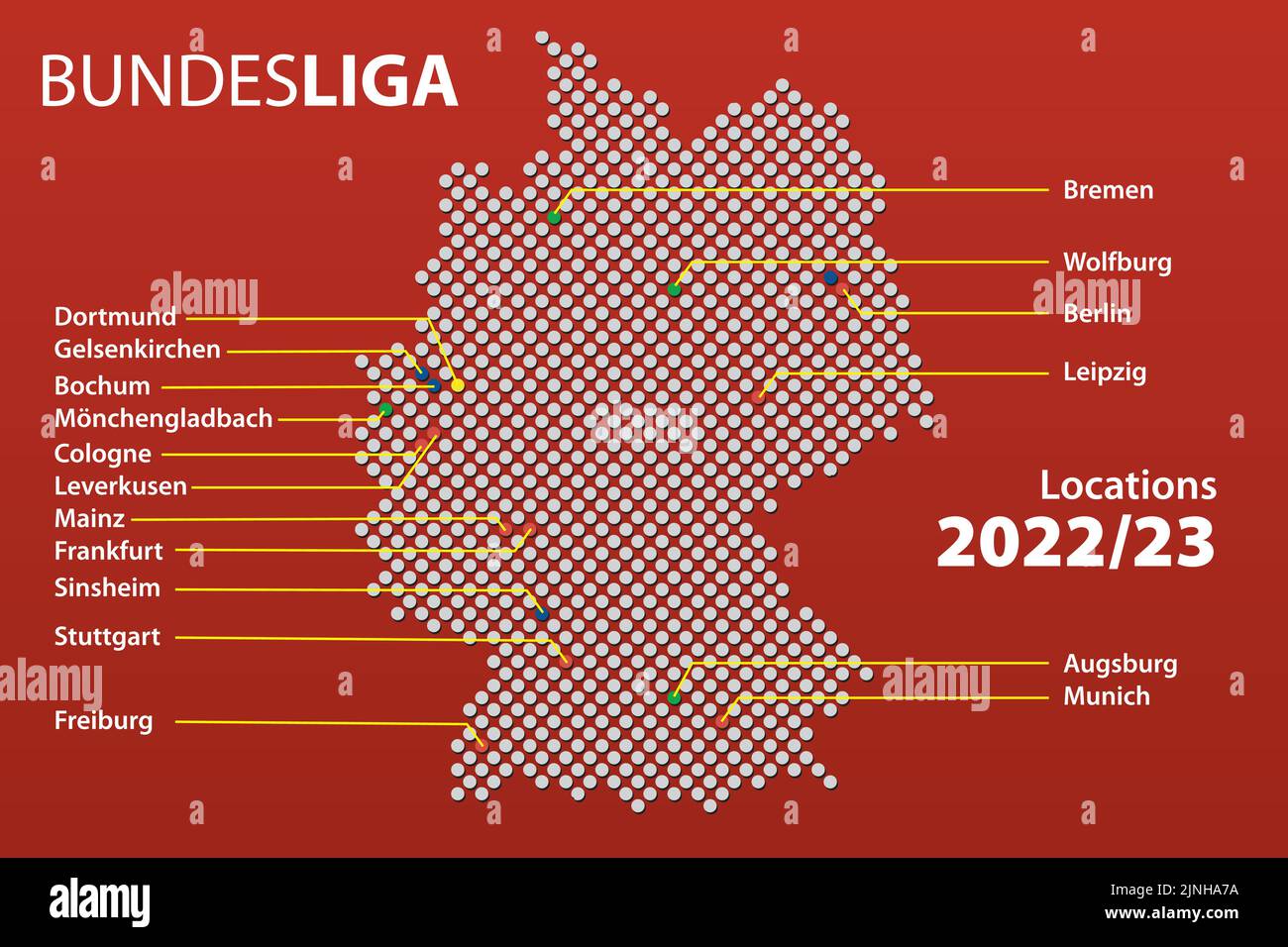 Carte des villes d'Allemagne avec les équipes la première ligue de football allemand, la Bundesliga dans la saison 2022/23 avec les noms de ville anglais. Rapport d'illustration du vecteur Illustration de Vecteur