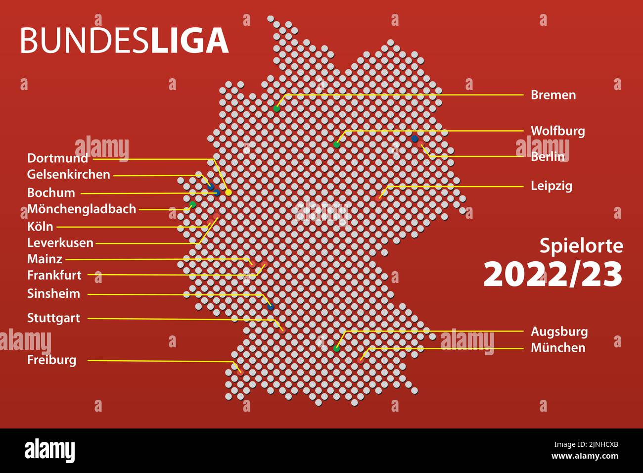 Carte des villes d'Allemagne avec les équipes la première ligue de football allemand, la Bundesliga dans la saison 2022/23 avec les noms de ville allemands. Illustration vectorielle Illustration de Vecteur
