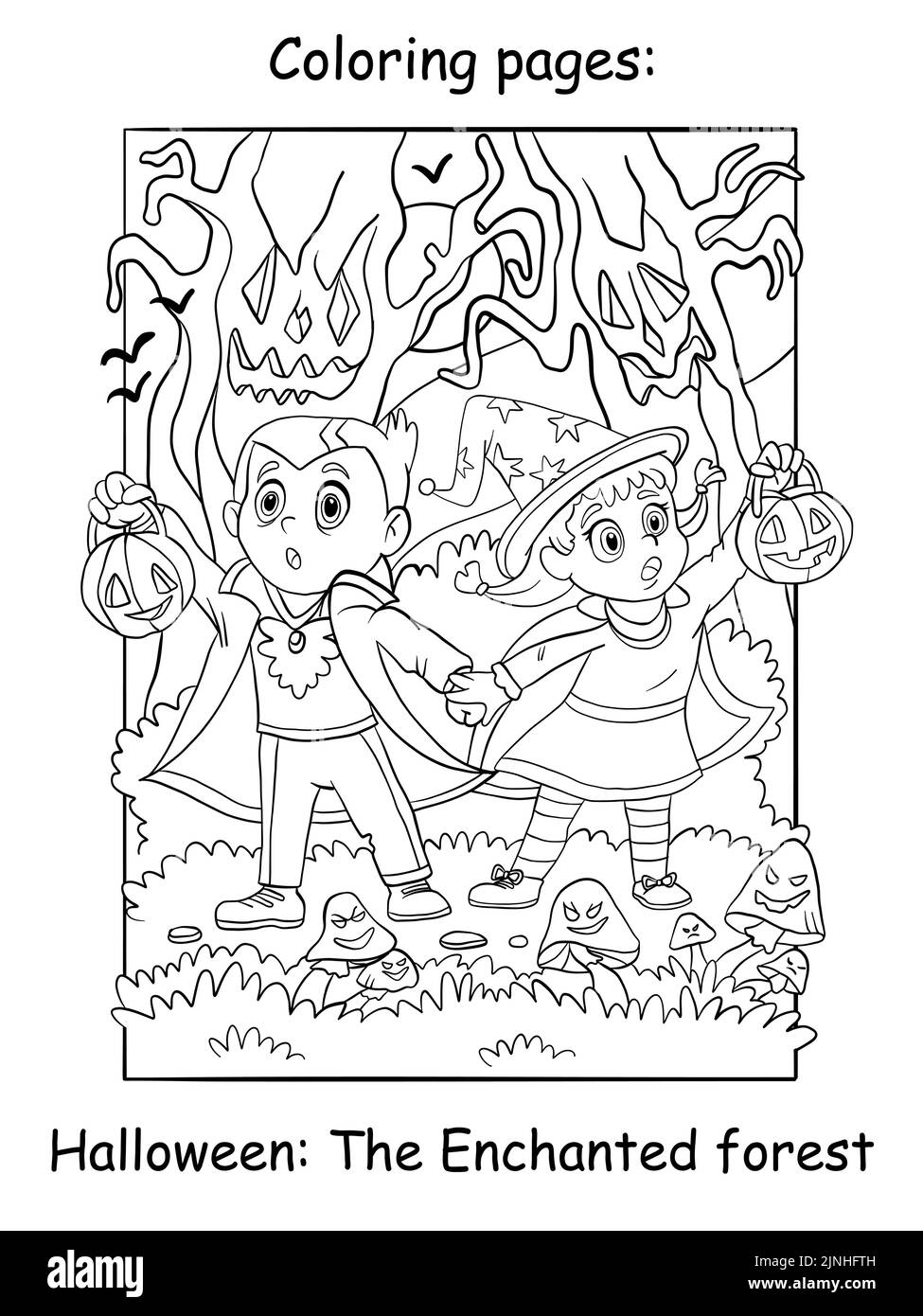 Des enfants effrayés dans des costumes de vampire et de sorcière dans une forêt enchantée. Concept Halloween. Page de livre de coloriage pour les enfants. Illustrat de dessin animé vectoriel Illustration de Vecteur