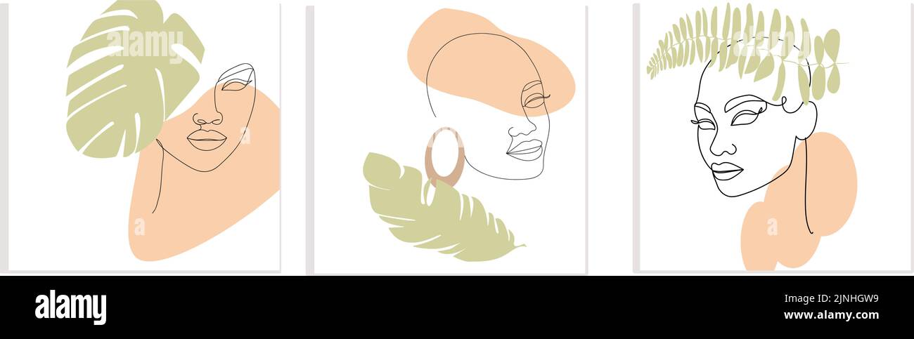 Ensemble de trois photos d'art au trait. Line Art abstrait triptyque, visages de femmes, formes géométriques et minimum de feuilles de plantes. Bannière, illustration vectorielle, tre Illustration de Vecteur