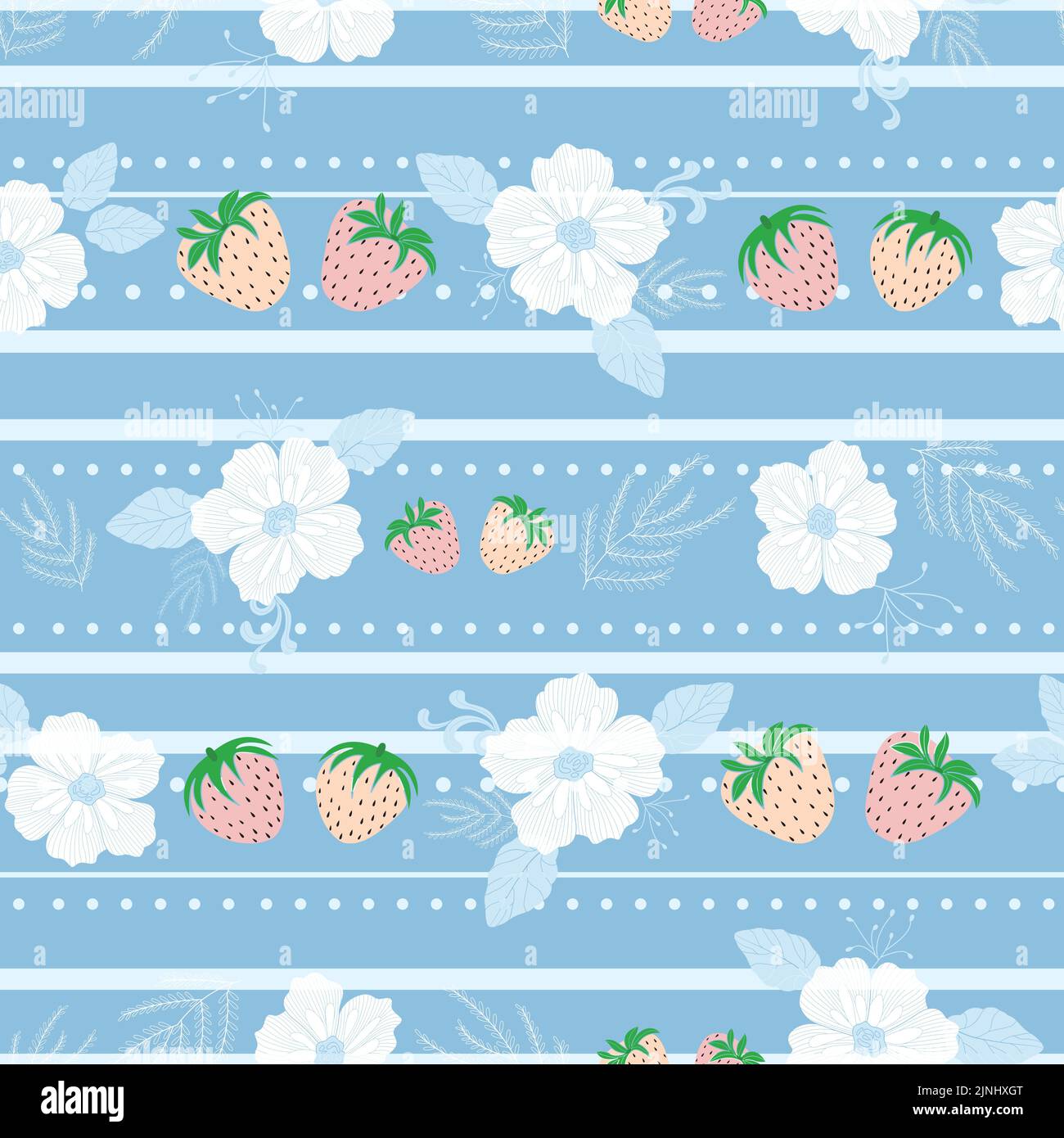 Vector ciel bleu pastel fraises blanc fleurs rayures fond de motif floral sans couture avec éléments dessinés à la main. Illustration de Vecteur