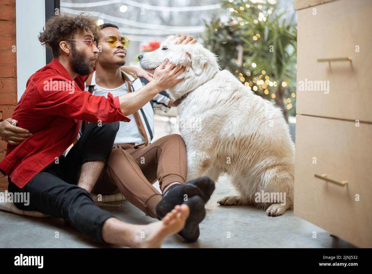 Deux gars s'occupent de chien tout en étant assis sur le sol à la maison Banque D'Images